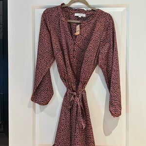 LOFT Dusty Rose Long Sleeve Wrap Dress with Black Dot Print